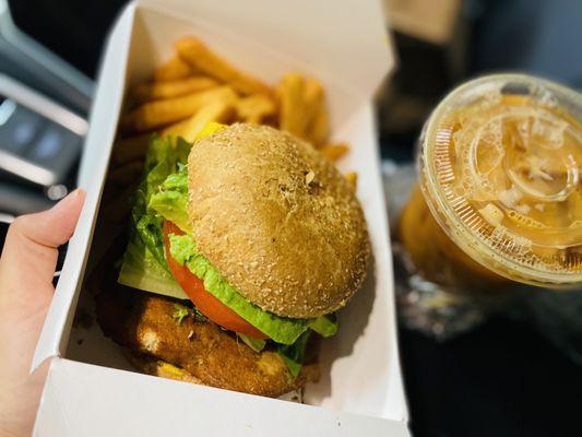 Garlic Chicken Burger served w/fries($9.95+ avocado$1.00) Thai Iced Tea w/soy milk ($3.50) 2021,APRIL 28