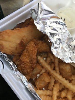 Chicken tender, catfish nugget, tots and fries.