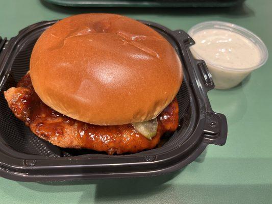 Chicken sandwich with spicy Korean barbecue sauce, with ranch sauce.