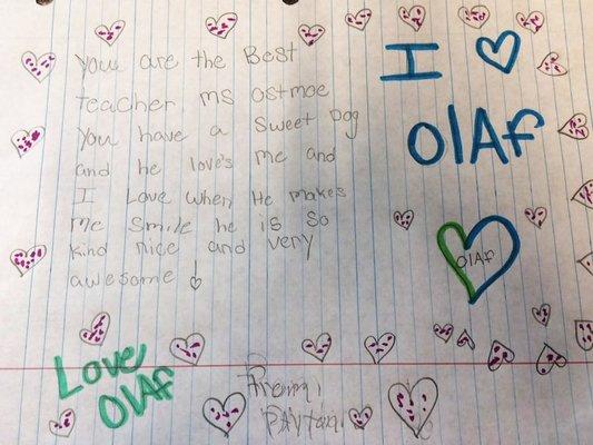 Student letter about school therapy dog Olaf from Pawsitivity.