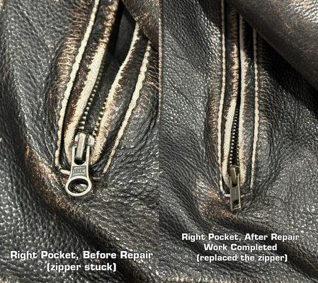 Right pocket zipper replaced