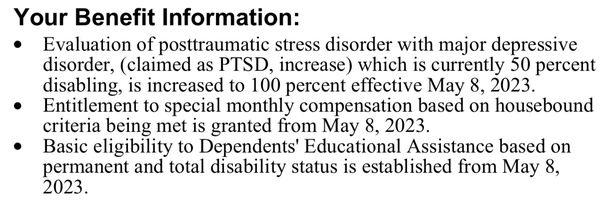 VBG got my 50% PTSD disability to 100% PTSD rating! Total rating was 70% and is now 100%!!!!! SO GRATEFUL FOR THEM!