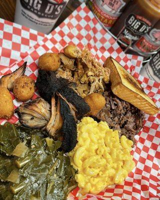 Three meat plate:  burnt ends (brownie), smoked chicken and chopped brisket