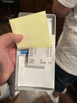 Receipt of what we ate, no detail only numbers