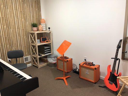 Orange Studio: Guitar, Ukulele, Piano and Voice lessons happen in the fun orange studio at Lincroft Music