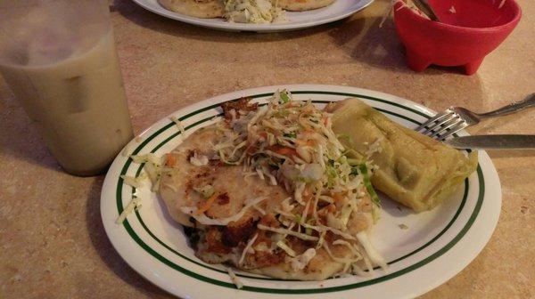 Pupusas and a tamal. So delicious.