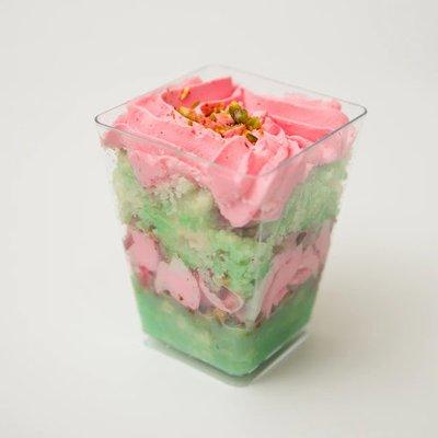 Rose Pistachio cake Jar -- Velvety cake layers with blend of rose elegance and nutty richness of pistachios.