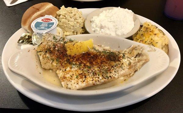 Best broiled fish in town, with macaroni salad, cottage cheese, twice baked potato with gravy on the side and a dinner roll. Soooo good.