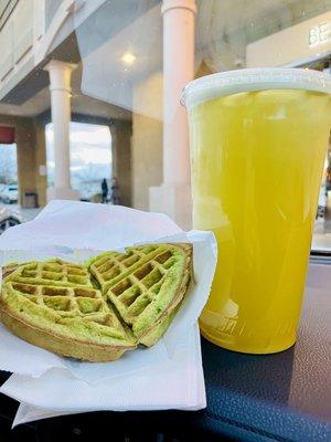 Pandan Waffle and Sugarcane Juice