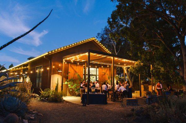 Picture of the venue (Ruth Bancroft Garden) patio at night.