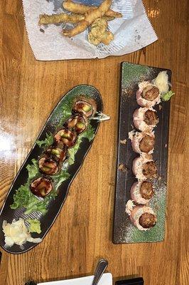 (Counterclockwise) Shrimp & vegetable tempura app, spicy tuna crunch roll, shellfish bastard roll