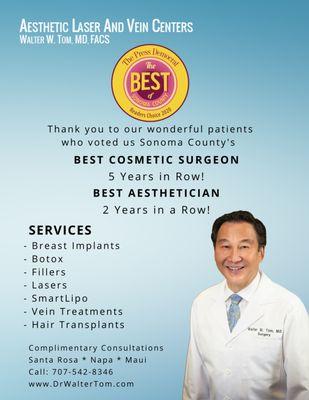 Thank you for voting us Best Cosmetic Surgeon and Best Aesthetician in Sonoma County!