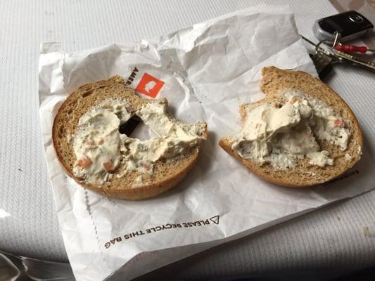 This is the level of un professional work. Ordered a bagel with cream cheese they didn't even spread it right.   Horrible