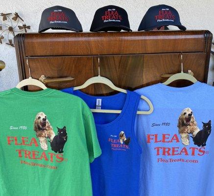 FLEA TREATS embroidered snap back hats, printed t-shirts and tank tops.