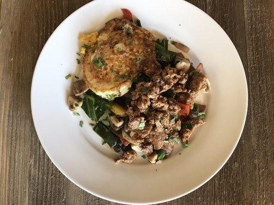 Chicken Chorizo and Poblano Pepper Skillet with Over Hard Egg