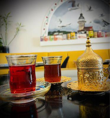 Apple tea, pomegranate tea, and Turkish coffee