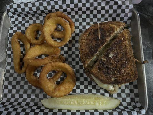 Patty Melt with onion rings. The best Patty Melt I've ever eaten!