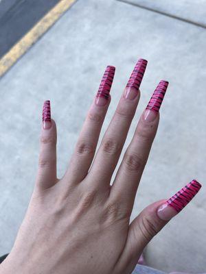 Long coffin pink zebra nails  Literally the best nails I've never gotten and so cute.