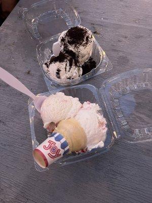 strawberry cheesecake ice cream/ cookies and cream and cookie dough ice cream with Oreo crumbs