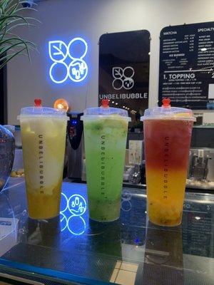 Mango Crush, Kiwi Sparkler, Sunset Ade (left to right)