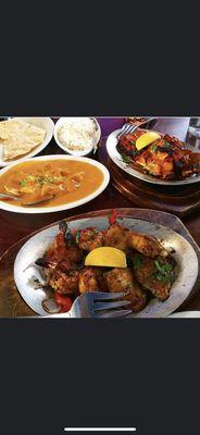 Tandoori prawns, chicken tikka masala, tandoori chicken