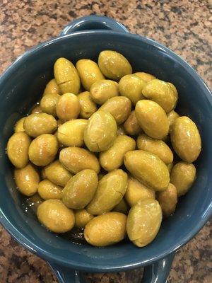 A yogi friend surprised me with a 4.4lb tub of green cracked olives from here. These olives are so delicious!!