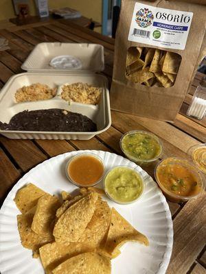 Chips and salsa with rice and beans