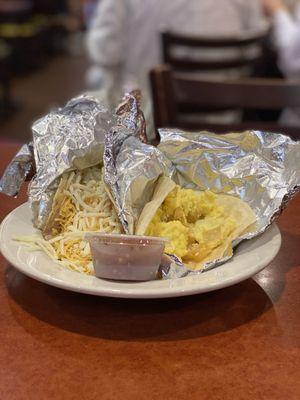 Breakfast tacos.  Egg + cheese, and beans + cheese.  Salsa is great!