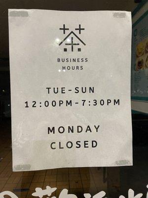 November 2022 business hours: closed Monday