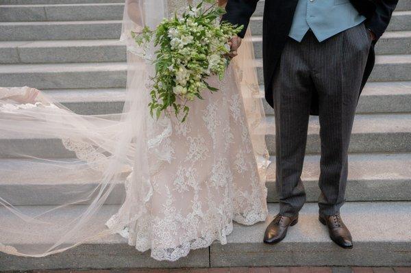 From the wedding day, showing that lace and liner were within 1" length of each other.