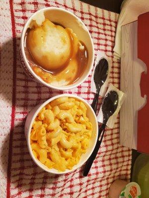 Side mashed potatoes and mac & cheese.