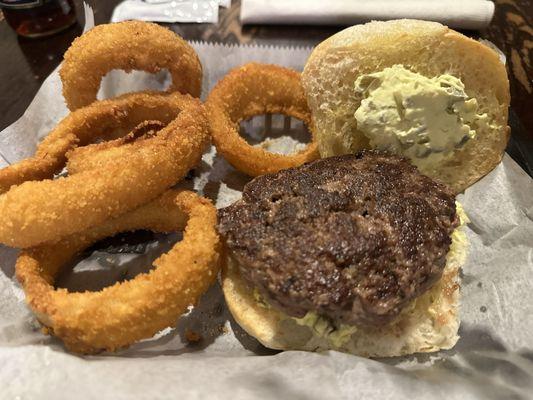 Jalapeño cream cheese burger with onion rings