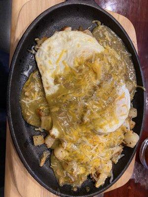 Chili verde scramble, sub over medium eggs.