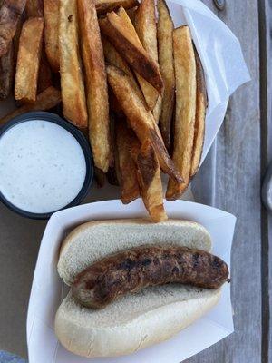 Plain Bratwurst, duck fat fries