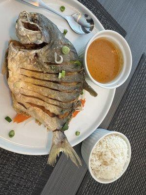 Fried Pompano with steam vegetables and rice. Curry sauce on the side for dipping.