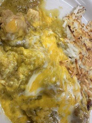 Chile verde omelette with hashbrowns and corn tortillas