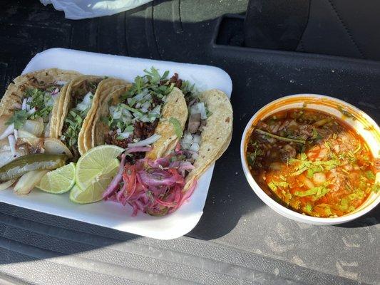 Birria, steak, pastor, lengua tacos, and a bowl of consomme. All , but standouts we're salsa verde, consomme, and pastor and lengua.