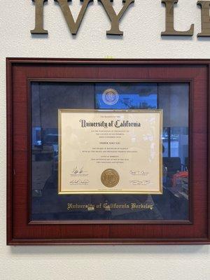 Mr. Derek's UC Berkeley diploma