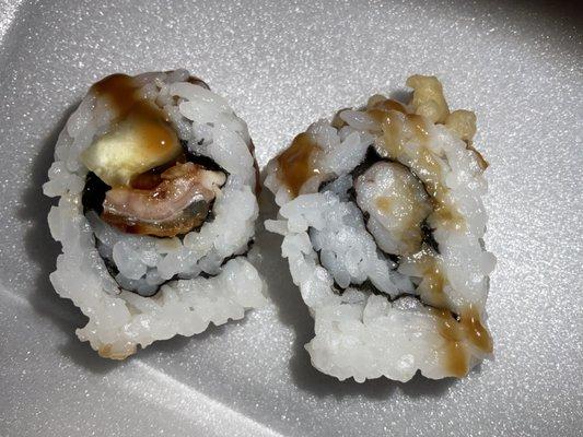 Left: eel roll. Right: crunchy shrimp roll.