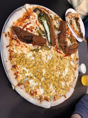 Half chile relleno and half elote pizza.