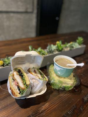 Chicken Katsu Sandwich and Wild Mushroom Soup & Caesar Salad