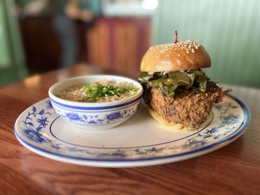 Fried Chicken Sandwich with side of BBQ fried rice with ranch