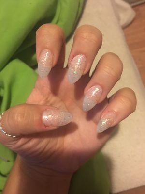 I left with just plain acrylic and added this glitter when i got home. Look at the space between my nails and cuticles