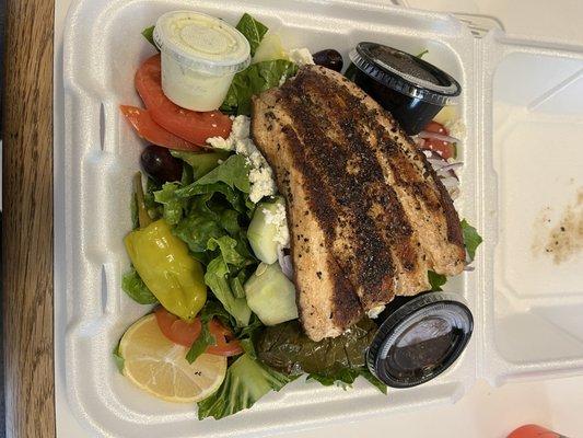 Greek salad with grilled salmon