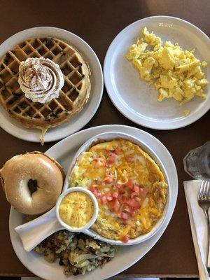 Crab frittata and chocolate chip waffle with side of eggs