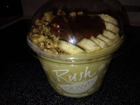 Rush Bowl Mango, Pineapple, Banana, Matcha, Milk Choice, Froyo Topped with: Organic Hemp Granola, Honey +1 Topper