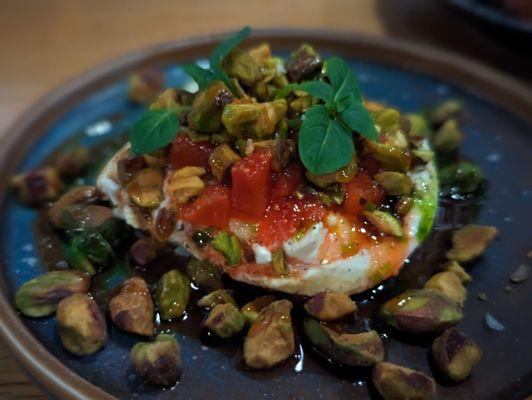 Burrata with compressed strawberries, toasted pistachios, basil, 06/16/2023