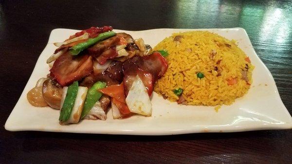 Pork with vegetables & pork fried rice.