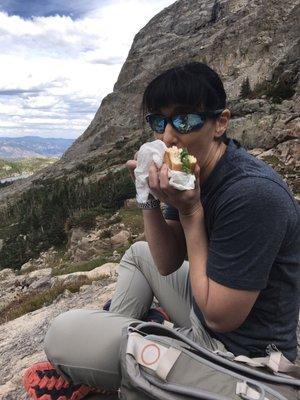 Delicious turkey sandwich on a gluten free bagel! These sandwiches and bagels hold so well, they are our go-to sandwich to pack for hikes!