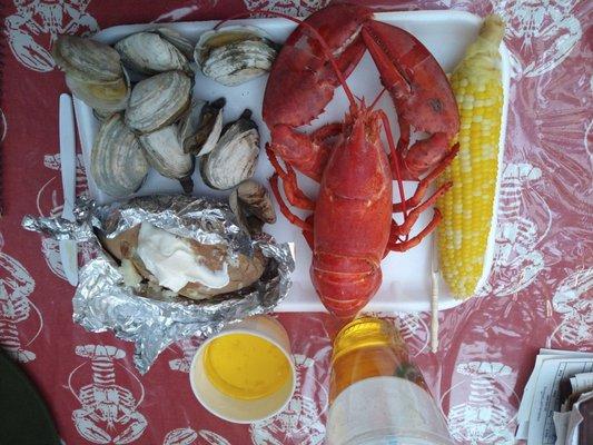 Dinner last night.. Lobsta, Chowda, Budda, Steamers, Corn, Potato and Stella